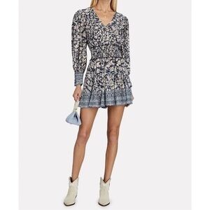 Intermix Women’s Blue Boho Pink Floral Smocked Silk Blend Mini Dress